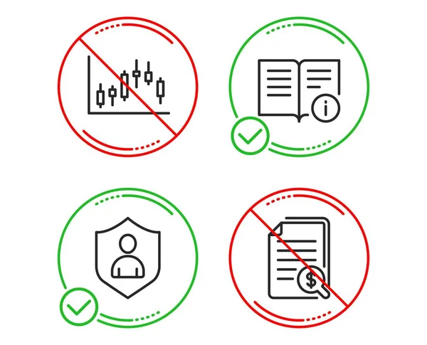 停止したりしないでください ローソク足グラフ 技術情報 簡単なセキュリティのアイコンを設定します 財務書類に署名します 財務グラフ ドキュメント 秘密の保護 ドキュメントを確認してください 線のローソク足グラフを行うアイコン — ストックベクタ