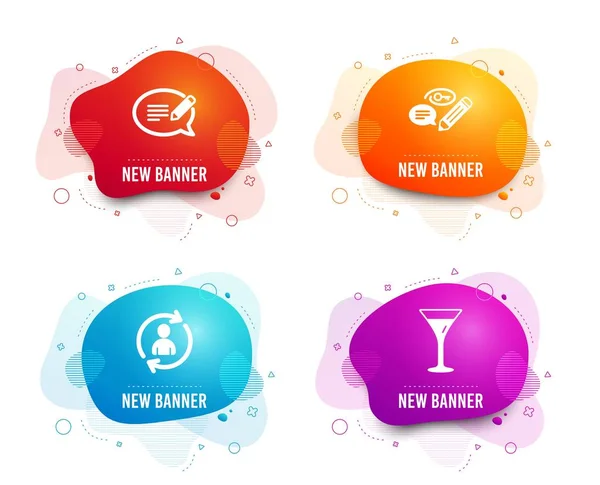 Liquid badges. Set of Message, Person info and Keywords icons. Martini glass sign. Speech bubble, Refresh user data, Pencil with key. Wine.  Gradient message icon. Flyer fluid design. Abstract shapes