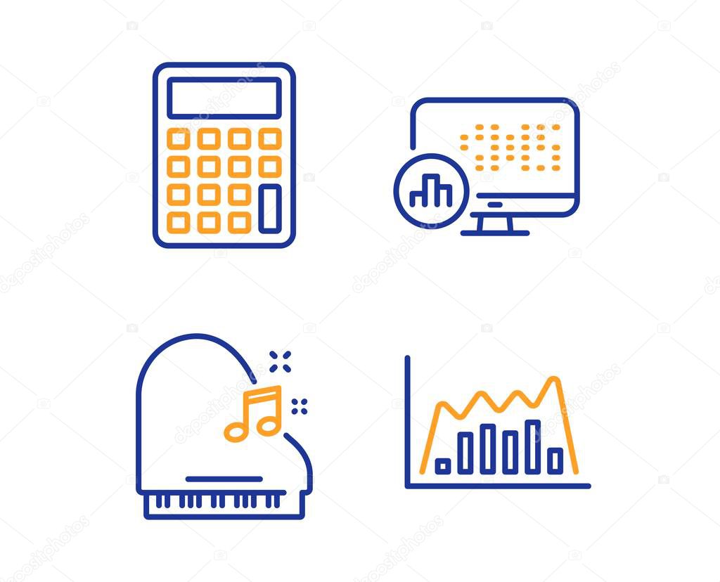 Calculator, Report statistics and Piano icons simple set. Infographic graph sign. Accounting device, Graph chart, Fortepiano. Line diagram. Education set. Linear calculator icon. Colorful design set
