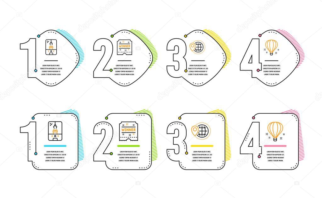 Crane claw machine, World travel and Winner ticket icons simple set. Air balloon sign. Attraction park, Map pointer, Carousels award. Sky travelling. Holidays set. Infographic timeline. Vector