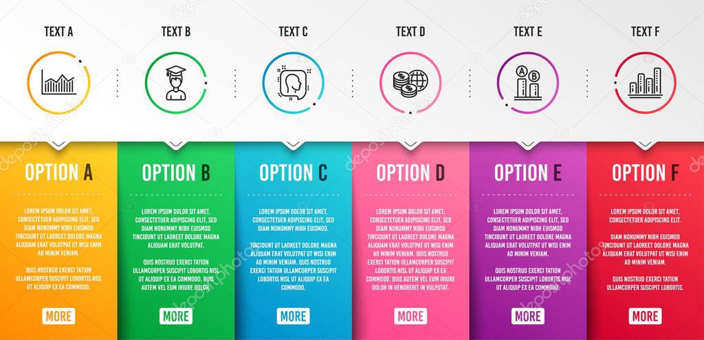 Student, World money and Ab testing icons simple set. Head, Money diagram and Graph chart signs. Graduation cap, Global markets. Science set. Infographic template. 6 steps timeline. Business options