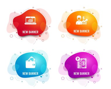 Sıvı rozetleri. Online istatistik, dizi m-cüzdan ve iş büyüme simgeler. Park ödeme işareti. Bilgisayar veri, Usd nakit, kazanç sonuçları. Ücretli garaj. Degrade online istatistik simgesi. Vektör