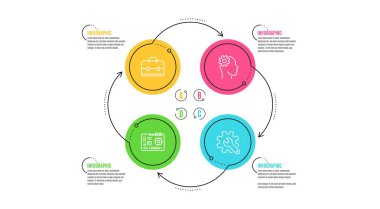 Anakart, portföy ve mühendislik simgeleri basit set. İnfografik zaman çizelgesi. Kişiselleştirme işareti. Bilgisayar bileşeni, Iş çantası, gizli tekerlek kafası. Ayarlar. Teknoloji seti. Döngü İnfografik. Vektör