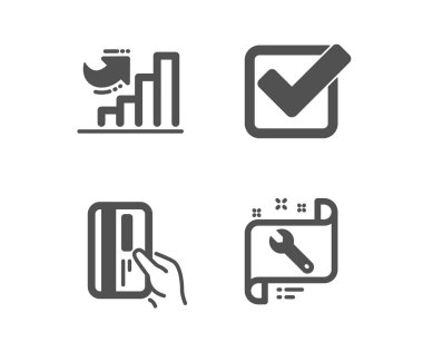 Ödeme kartı, onay kutusu ve büyüme grafiği simgeleri kümesi. Anahtar işareti. Kredi kartı, onaylı Tick, diyagram grafiği. Onarım hizmeti. Klasik tasarım ödeme kartı simgesi. Düz tasarım. Vektör