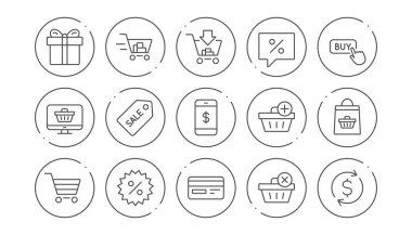 Alışveriş çantası çizgi simgeleri. Hediye, Present ve Satılık indirim. Teslim doğrusal simge seti. Simge ile satır düğmeleri. Düzenlenebilir kontur. Vektör