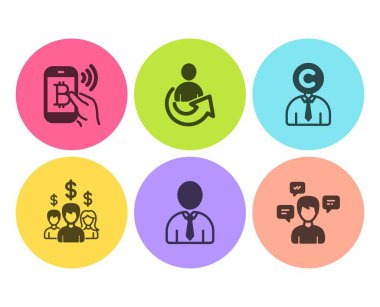 İnsan, Paylaş ve telif hakları simgeleri basit bir set. Maaş çalışanları, Bitcoin ödeme ve konuşma mesajları işaretler. Kişi profili, referans kişi. İnsanlar ayarlandı. Düz insan simgesi. Daire düğmesi. Vektör