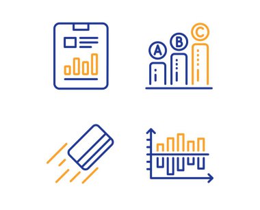 Rapor belgesi, kredi kartı ve grafik grafik simgeleri basit ayarlayın. Diyagram grafik işareti. Grafik ile sayfa, banka ödeme, büyüme raporu. Sunum grafiği. Eğitim seti. Doğrusal rapor belgesi simgesi