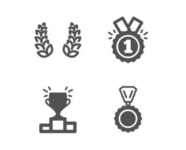 Kazanan podyum, defne çelenk ve onaylı simgeler ayarlayın. Madalya işareti. Yarışma sonuçları, ödüllü rozet. Klasik tasarım kazanan podyum simgesi. Düz tasarım. Vektör