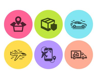 Teslimat sigortası, araba ve uçuş hedef simgeleri basit bir set. Paket konumu, uçak ve kamyon taşıma işaretleri. Parsel koruma, Transport. Ulaşım seti. Düz teslimat sigortası simgesi