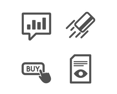 Satın alma düğmesi, kredi kartı ve analitik sohbet simgeleri seti. Belge işaretini görüntüleyin. Online alışveriş, banka ödeme, Iletişim konuşma balonu. Dosyayı aç. Klasik tasarım düğmesi simgesi satın. Düz tasarım