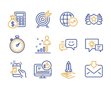 Fikir lamba, dünya istatistik ve Istatistikler simgeleri basit ayarlayın. Mutlu duygu, crowdfunding ve finans hesap tabelaları. Müzik telefonu, okçuluk ve like video sembolleri. Hat fikri lamba simgesi. Renkli set