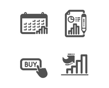 Takvim grafiği, rapor belgesi ve satın alma düğmesi simgeleri kümesi. Büyüme çizelgesi işareti. Yıllık rapor, büyüme çizelgesi, online alışveriş. Diyagram grafiği. Klasik tasarım takvimi grafik simgesi. Düz tasarım. Vektör