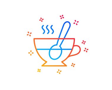 Kaşık çizgi simgesi ile fincan. Taze içecek işareti. Latte veya kahve sembolü. Degrade tasarım elemanları. Doğrusal çay bardağı simgesi. Rastgele şekiller. Vektör