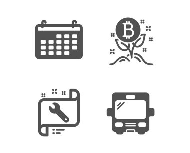 Bitcoin projesi, takvim ve anahtar simgeleri kümesi. Otobüs işareti. Cryptocurrency başlangıç, Iş denetim, onarım hizmeti. Turizm Taşımacılığı. Klasik tasarım Bitcoin proje simgesi. Düz tasarım. Vektör