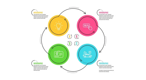 Koop Knop Gloeilamp Identificatiekaart Iconen Eenvoudige Set Infographic Tijdlijn Parkeren — Stockvector