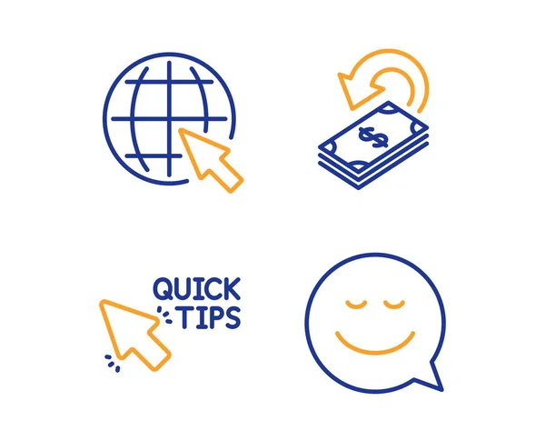 Internet Cashback Consejos Rápidos Iconos Conjunto Simple Señal Sonrisa World — Vector de stock