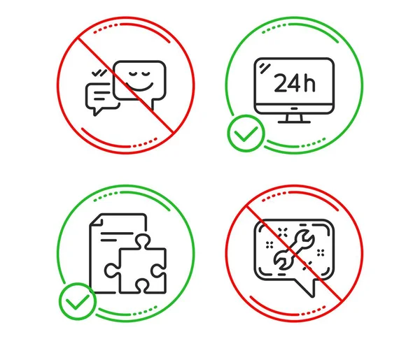 Do or Stop. Happy emotion, Strategy and 24h service icons simple set. Spanner sign. Web chat, Puzzle, Call support. Repair service. Technology set. Line happy emotion do icon. Prohibited ban stop