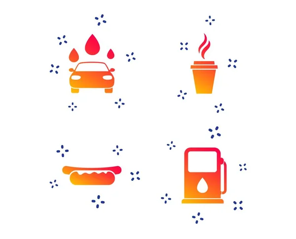 Iconos Servicios Gasolina Gasolinera Señales Automatizadas Lavado Autos Sándwich Hotdog — Vector de stock