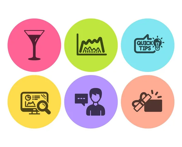 Trade chart, Education idea and Person talk icons simple set. Martini glass, Seo analytics and Opened gift signs. Market data, Quick tips. Business set. Flat trade chart icon. Circle button. Vector