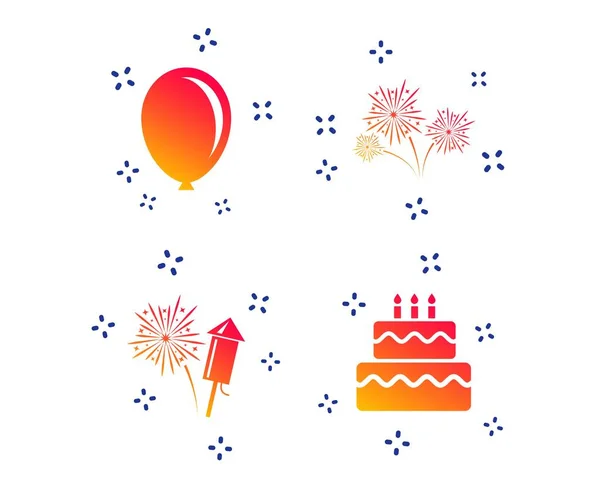Birthday Party Icons Cake Gift Box Signs Air Balloon Fireworks — Stock Vector