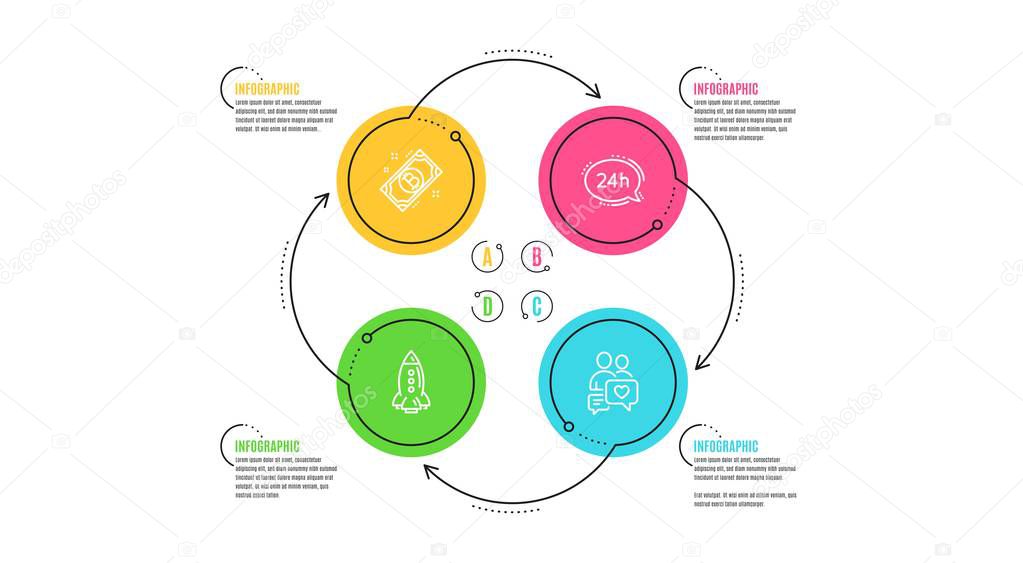 Bitcoin, 24h service and Rocket icons simple set. Infographic timeline. Dating chat sign. Cryptocurrency coin, Call support, Spaceship. People love. Technology set. Cycle infographic. Vector