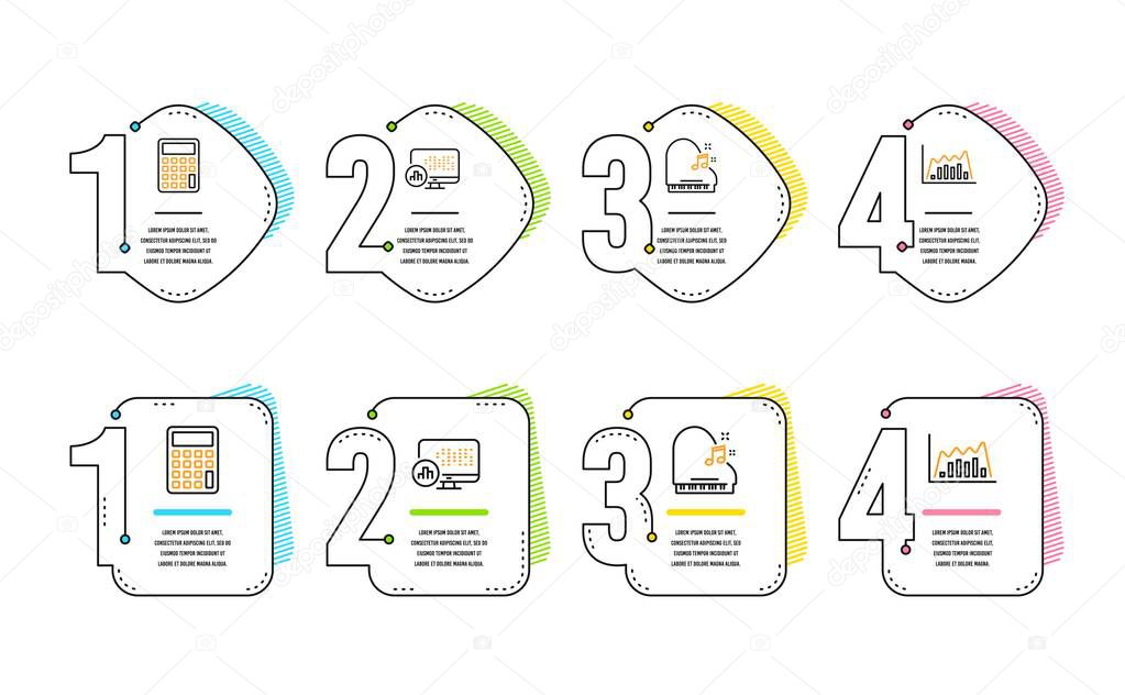 Calculator, Report statistics and Piano icons simple set. Infographic graph sign. Accounting device, Graph chart, Fortepiano. Line diagram. Education set. Infographic timeline. Line calculator icon