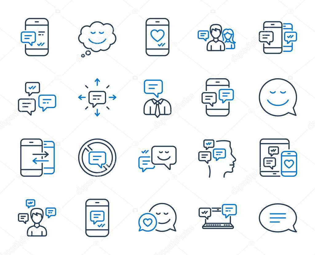 Message sms and Communication icons. Group chat, Conversation and Speech bubbles icons. SMS communication, Phone chat and Stop talking symbols. Conversation group, smartphone message, info. Vector
