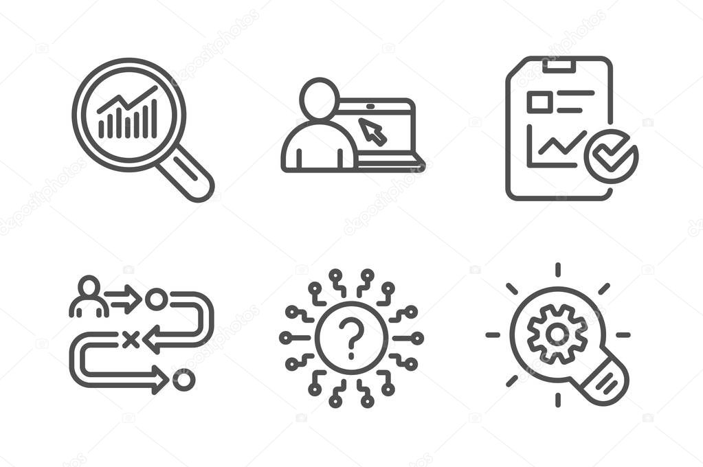 Report checklist, Data analysis and Question mark icons simple set. Journey path, Online education and Cogwheel signs. Sales growth file, Magnifying glass. Science set. Line report checklist icon