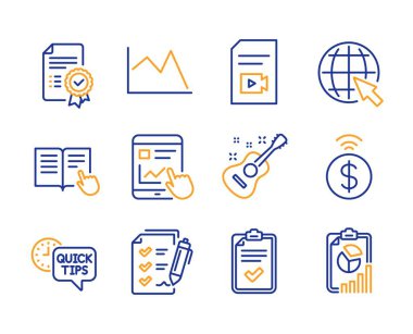 Anket kontrol listesi, sertifika ve temassız ödeme simgeleri ayarlayın. Kontrol listesi, hızlı ipuçları ve gitar işaretleri. Vektör