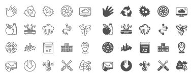 Şirket binası, Kelime Hazinesi, Kâr çizelgesi simgeleri. Türbin, Rüzgar, Termostat simgeleri. Ağaç, bakteri, sağlıklı yiyecekler. Şirket şeması, rüzgar türbini. Bulut hizmetleri, zaman çizelgesi, indirme. Vektör