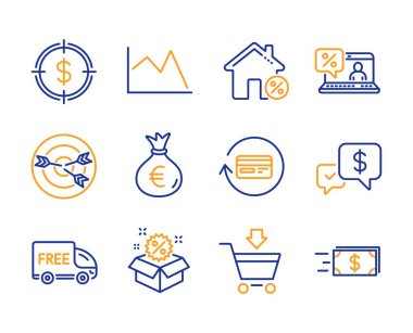 Satış, dolar hedef ve kredi evi simgeleri basit set. Para çantası, online piyasa ve online kredi işaretleri. Hedefleme, çizgi grafiği ve geri ödeme Komisyonu sembolleri. Satır satış simgesi. Renkli set. Düzenlenebilir kontur