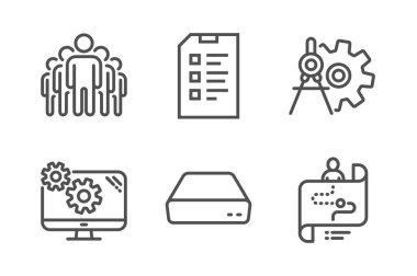 Kontrol listesi, mini PC ve grup simgeleri basit ayarlayın. Gizli tekerlek bölücüler, ayarlar ve yolculuk yol işaretleri. Veri listesi, bilgisayar. Bilim seti. Satır kontrol listesi simgesi. Düzenlenebilir kontur. Vektör