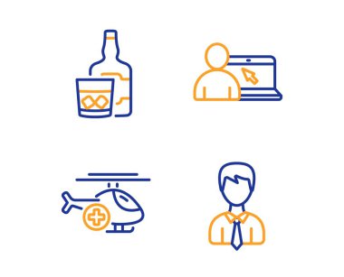 Online eğitim, tıbbi helikopter ve Whiskey cam simgeleri basit bir set. İş adamı işareti. Internet dersleri, gökyüzü taşımacılığı, Scotch içeceği. Kullanıcı verisi. Doğrusal online eğitim simgesi. Renkli tasarım seti