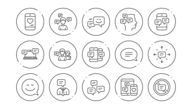 İleti ve Iletişim simgeleri. Grup sohbeti, konuşma balonu ve SMS. doğrusal simge seti. Vektör