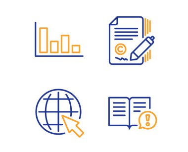 Histogram, copywriting ve Internet simgeleri basit ayarlayın. Gerçekler işareti. Ekonomik eğilim, telif hakkı imzası, Dünya Web. Önemli bilgiler. Eğitim seti. Doğrusal histogram simgesi. Renkli tasarım seti