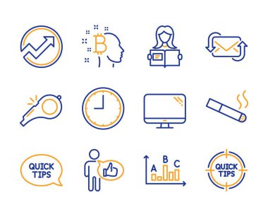 QuickStart Kılavuzu, Sigara ve bilgisayar simgeleri basit set. Kadın okuma, denetim ve gibi işaretler. Anket sonuçları, zaman ve ıslık sembolleri. Yenileme posta, Bitcoin think ve Ipuçları. Satır hızlı başlangıç kılavuzu simgesi