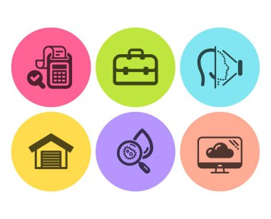 Bill muhasebe, Otopark garaj ve portföy simgeleri basit set. Su analizi, yüz kimliği ve bulut depolama işaretleri. Denetim raporu, araba yeri. Teknoloji seti. Düz fatura muhasebe simgesi. Daire düğmesi