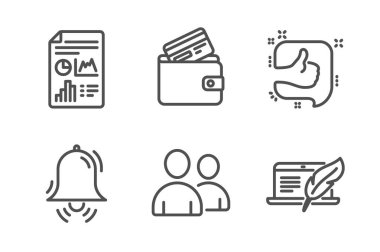 Debit kartı, kullanıcılar ve saat çan simgeleri basit set. Rapor belgesi, like ve Copyright dizüstü işaretleri. Kredi kartı ile cüzdan, birkaç kişi. İş seti. Satır banka kartı simgesi. Düzenlenebilir kontur