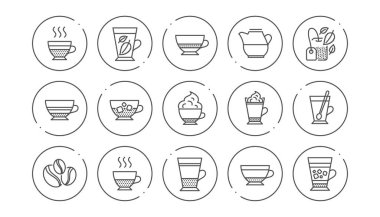 Kahve çeşitleri ve çay simgeleri. Mocha, cappuccino ve latte. Doğrusal simge seti. Vektör