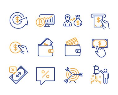 Cüzdan, dolar değişimi ve ATM hizmeti simgeleri basit bir set. İndirim mesajı, reddedilen ödeme ve Bitcoin grafik işaretleri. Sallary, ödeme ve hedef sembolleri. Debit kartı, Bitcoin projesi. Hat cüzdanı simgesi
