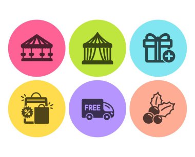 Alışveriş çantaları, hediye ve ücretsiz teslimat simgeleri basit set ekleyin. Circus çadır, Carousels ve Noel Holly işaretler. Satış indirimi, Present kutusu. Tatiller ayarlandı. Düz alışveriş çantaları simgesi. Daire düğmesi. Vektör