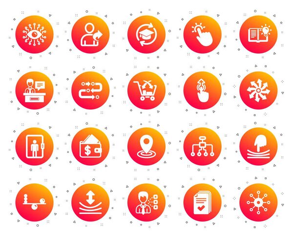 Artificial intelligence, Balance and Refer a friend icons. Continuing education, Methodology and Exhibitors signs. Swipe up, Elastic and artificial intelligence icons. Vector