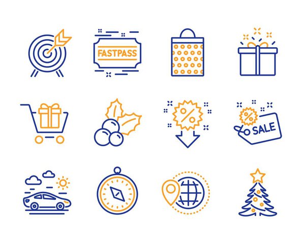 Путешествия по миру, Арчери и автомобильные путешествия - простой набор. Скидка, рождественская падуба и таблички с тележками. Продажа, сумка для покупок и сигары. Специальное предложение, елка. Иконка путешествия по миру
