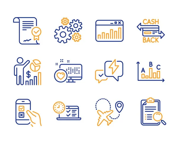 Statistiques de marketing, roue dentée et coeur icônes ensemble. Accord approuvé, arpentage mobile et panneaux de foudre. Vecteur — Image vectorielle