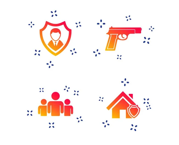 Veiligheidsagentschap Iconen Home Shield Bescherming Symbolen Gun Wapen Ondertekenen Groep — Stockvector