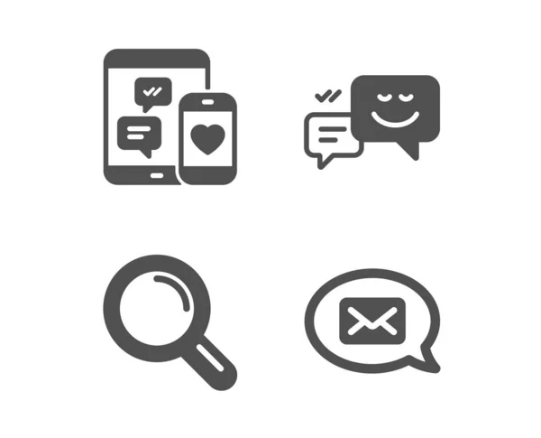 Set of Happy emotion, Research and Social media icons. Messenger sign. Web chat, Magnifying glass, Mobile devices. New message.  Classic design happy emotion icon. Flat design. Vector