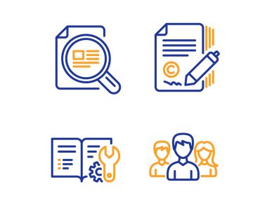 Makaleyi, Mühendislik belgelerini ve Copywriting simgelerini ayarlayın. Takım çalışması işareti. Vektör