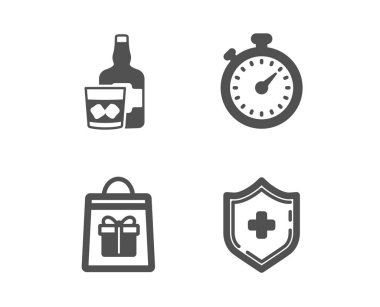 Tatil alışveriş, Viski cam ve Timer simgeleri. Tıbbi kalkan işareti. Vektör