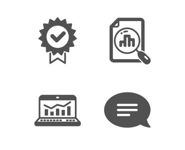 Sertifika, Web analitiği ve Analytics grafik simgeleri. Sohbet işareti. Doğrulanmış ödül, İstatistik, Grafik raporu. Vektör