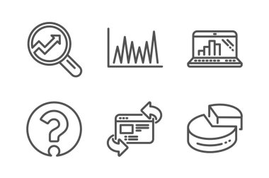 Çizgi grafiği, Web sitesini yenile ve Analytics simgeleri ayarlayın. Soru işareti, Grafik dizüstü bilgisayar ve Pasta grafik işaretleri. Vektör